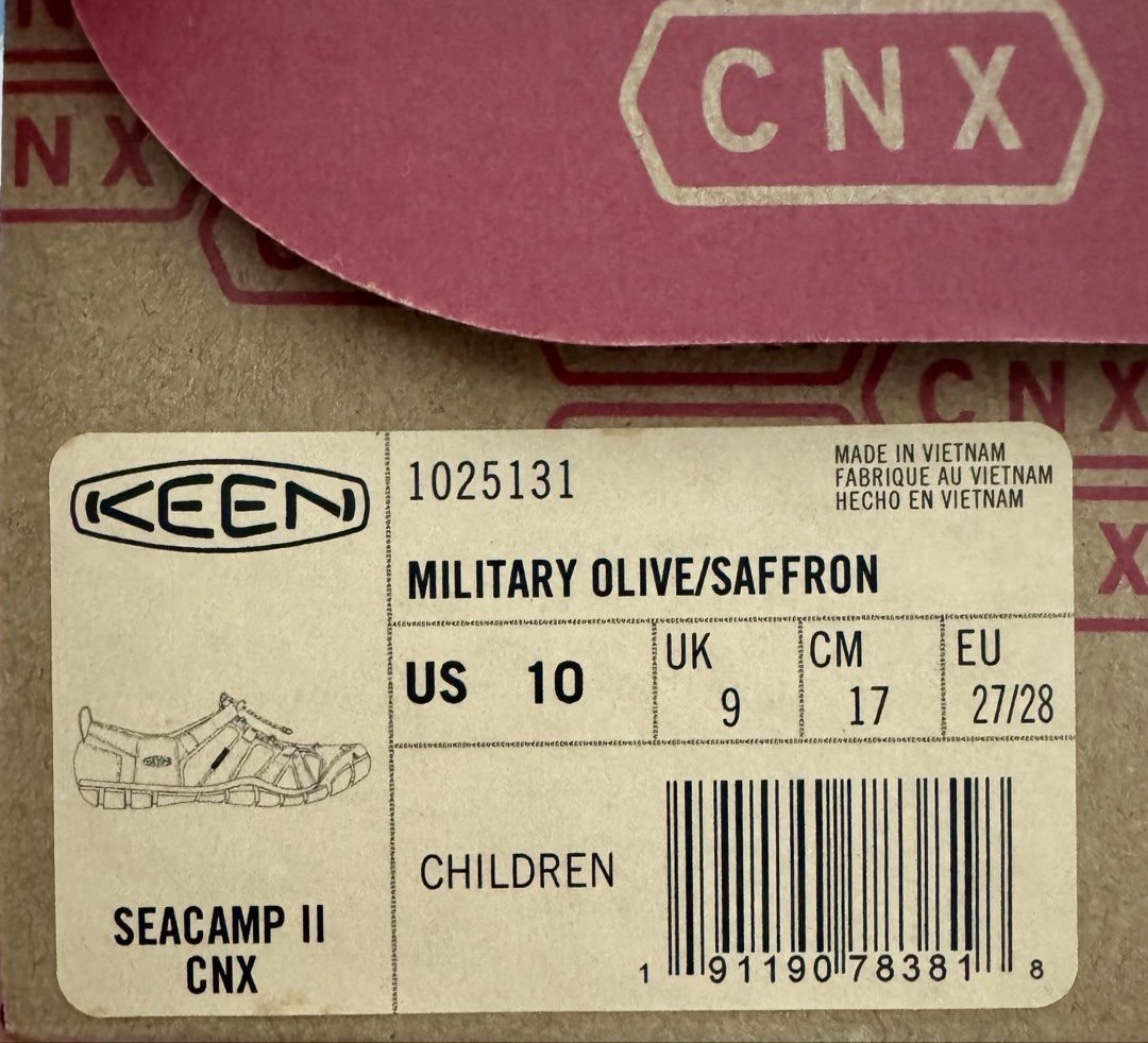 KEEN Children's Sandals Military Olive/Saffron US 10 (Category: Babies & Kids Fashion) located in Singapore. Submitted by normanprince (Listing ID 1444132232, Image 2). Description: - KEEN Seacamp II CNX Children's Sandals - Color: Military Olive/Saffron - Size: US 10 (UK 9, CM 17, EU 27/28) - Features: Washable, Anti-odor footbed, Non-marking soles - Ideal for: Outdoor adventures and active play.