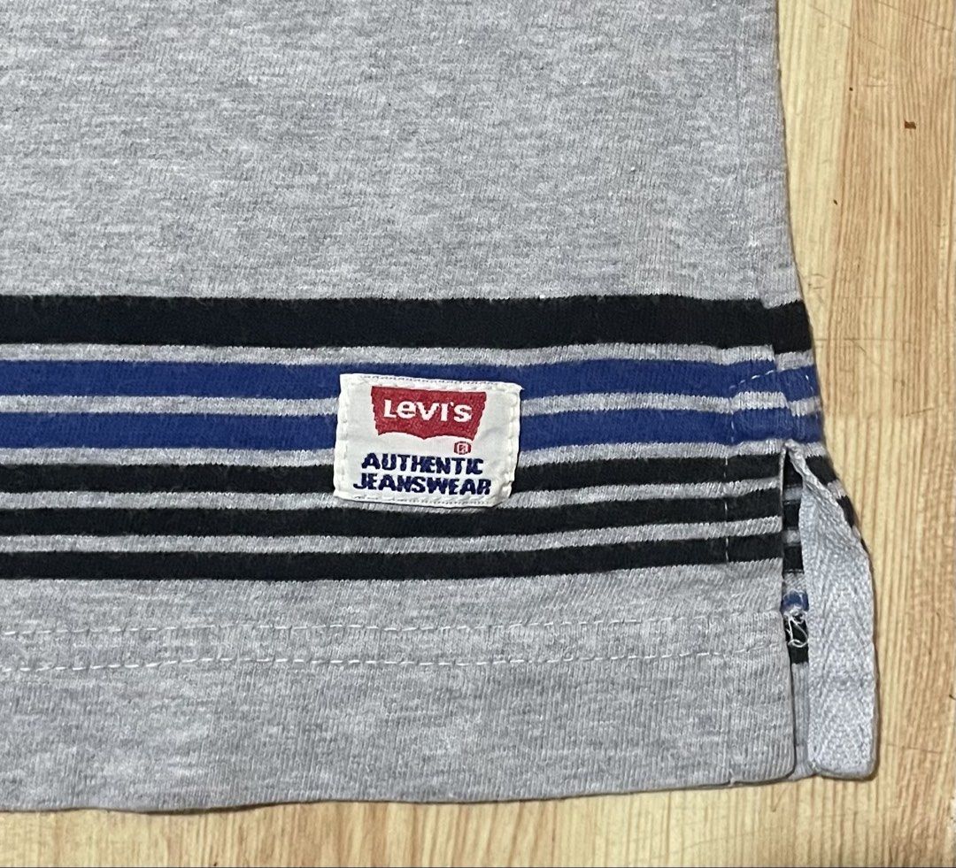 Levi's Grey Striped T-Shirt Size M (Category: Tshirts & Polo Shirts ) located in Caloocan City. Submitted by jetcon (Listing ID 1444185078, Image 3). Description: - Authentic Levi's Grey T-Shirt - Features horizontal stripes in black and blue - Made in USA - Size: Medium (M) - Measurements: Width 22", Length 30" Gcash payment 1st + SF SF rates: 65 for NCR 85 for Luzon 100 for VisMin.