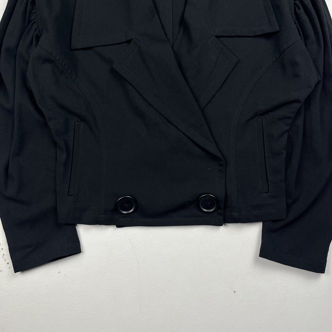 Limi Feu Cropped Double-Breasted Puff Sleeve Jacket (Category: Coats, Jackets and Outerwear) located in Quezon City. Submitted by forgarments (Listing ID 1444121767, Image 3). Description: Limi Feu Cropped Double-Breasted Puff Sleeve Jacket Excellent Condition Size: S Shoulder: 22 Inches Chest width: 22 Inches Waist: 18.5 Inches Sleeve: 24.5 Inches Length: 23 Inches Hem: 18 Inches This jacket comes from Japanese designer Limi Yamamoto’s label, Li
