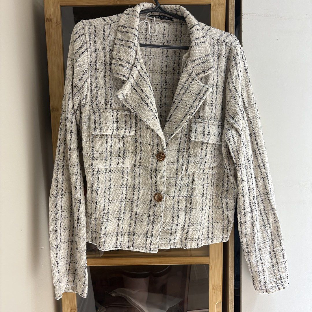 Lovito Tweed Cropped Jacket Beige Black Size M (Category: Coats, Jackets and Outerwear) located in Quezon City. Submitted by sailormooooo (Listing ID 1444262686, Image 1). Description: - Lovito cropped jacket - Beige and black tweed pattern - Textured fabric - Two front pockets - Single button closure - Ideal for layering - Size: M (EU 36, US 6) - Made in China.
