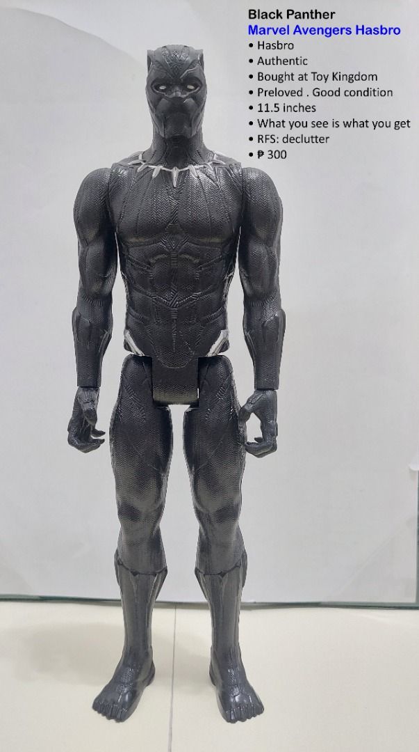 Marvel Avengers Black Panther Action Figure (Category: Figurines & Statues) located in San Juan City. Submitted by linlgoldfish (Listing ID 1444263398, Image 1). Description: Black Panther Marvel Avengers Hasbro • Hasbro • Authentic • Bought at Toy Kingdom • Preloved . Good condition • 11.5 inches • What you see is what you get • RFS: declutter.