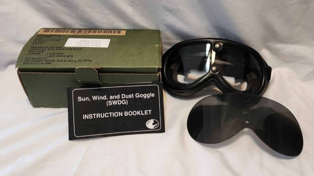 Military Sun, Wind, and Dust Goggle (SWDG) Stemaco (Category: Luxury Accessories) located in Dasmarinas. Submitted by pequod (Listing ID 1438213568, Image 1). Description: check my profile to see my other items - Sun, Wind, and Dust Goggles (SWDG) for eye protection. - Comes with clear and neutral gray lenses. - Includes an instruction booklet. - Manufactured by Stemaco SE, 2211 Ogden Road, Rock Hill, SC 29730..