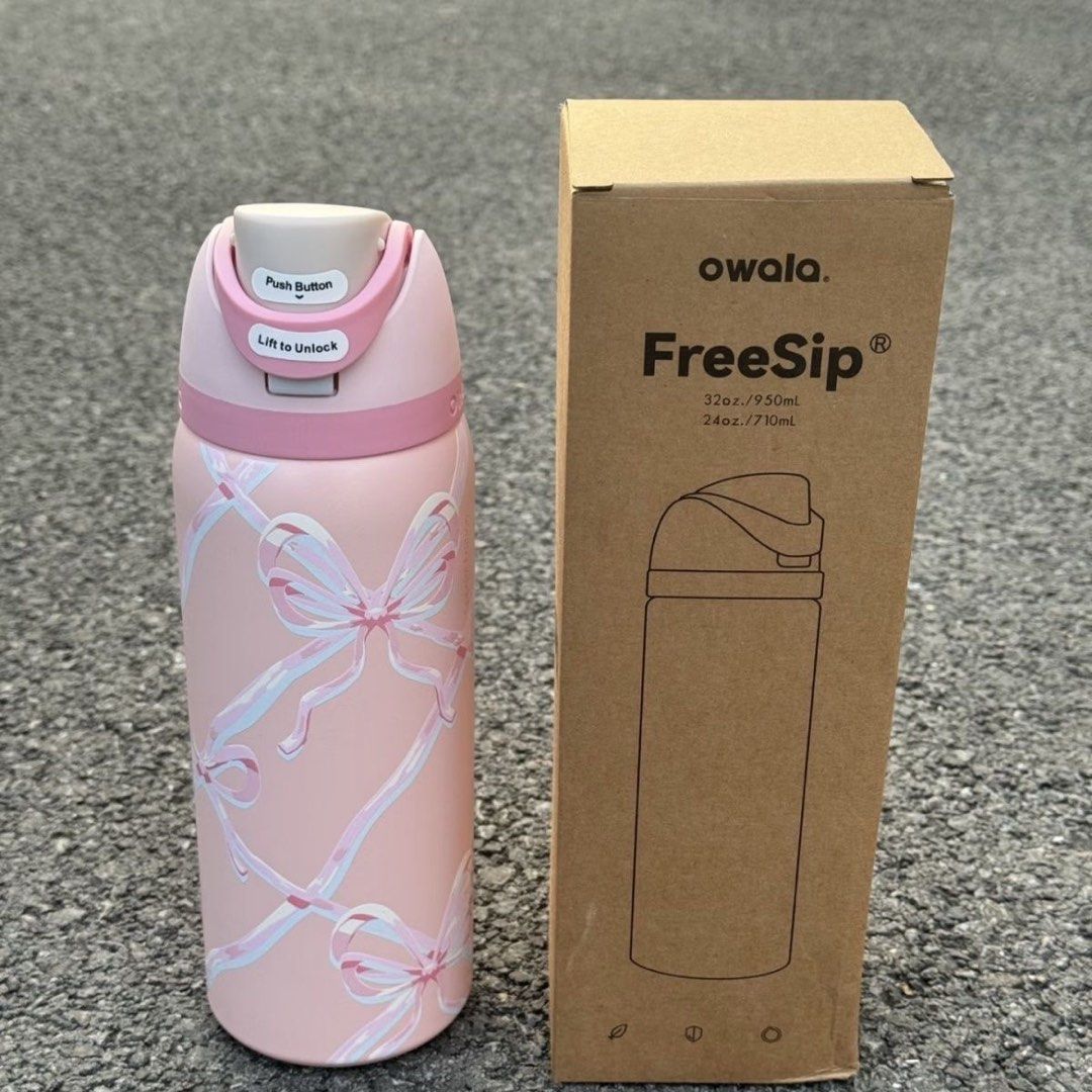 Owala FreeSip Pink Ribbon Water Bottle 32oz (Category: Water Bottles & Tumblers) located in Singapore. Submitted by repstudio (Listing ID 1444228736, Image 1). Description: Pink large ribbon design brand new in box 32 Oz (945 Ml) Instock! only 3 bottles left! grab yours today :) .
