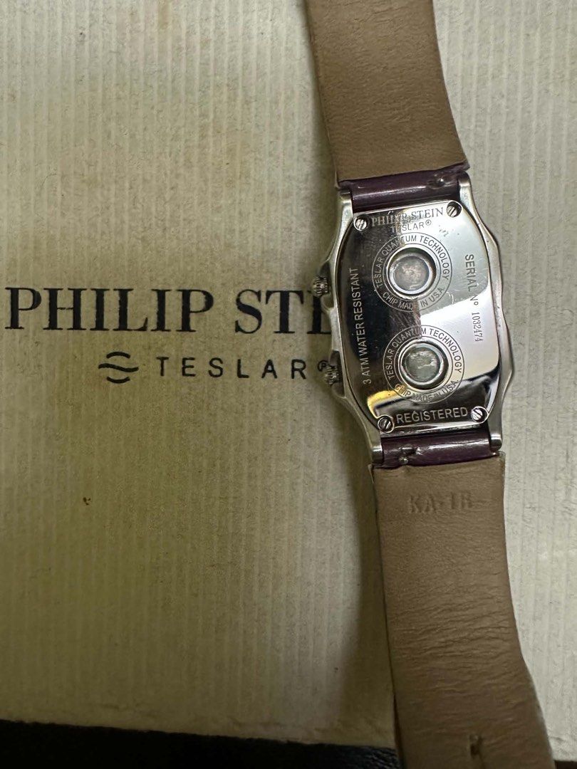 Philip Stein Watch (Category: Luxury Watches) located in Quezon City. Submitted by reyna.1106 (Listing ID 1444132169, Image 2). Description: Full Set Pre loved Philip Stein Teslar Mother of Pearl Dual dial Amethyst Gem-set Bezels Stainless Steel Quartz with original violet patent strap plus 5 original Philip Stein straps .