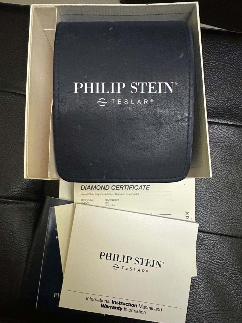 Philip Stein Watch (Category: Luxury Watches) located in Quezon City. Submitted by reyna.1106 (Listing ID 1444132169, Image 3). Description: Full Set Pre loved Philip Stein Teslar Mother of Pearl Dual dial Amethyst Gem-set Bezels Stainless Steel Quartz with original violet patent strap plus 5 original Philip Stein straps .