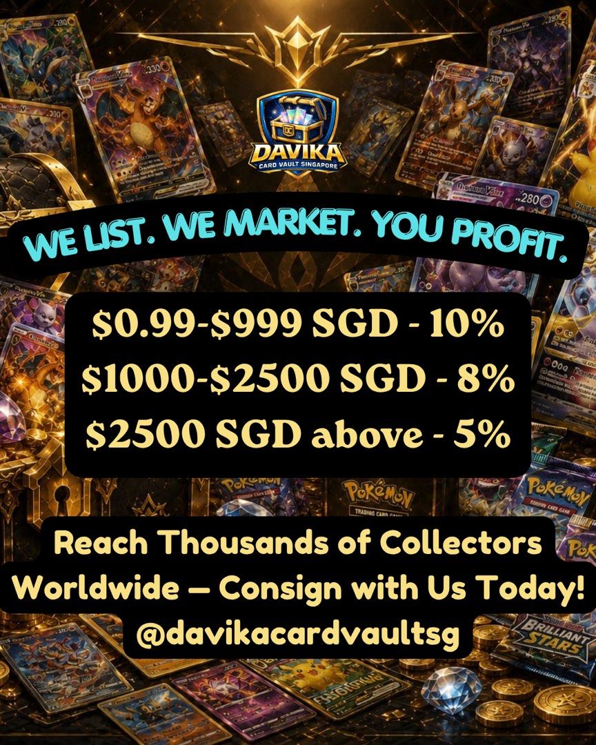 Pokemon consignment (Category: Announcements) located in Singapore. Submitted by davikacardvaultsg (Listing ID 1444126607, Image 1). Description: Let me help you reach global collectors. Low fee You can view your item live! Dm me to find out more. .