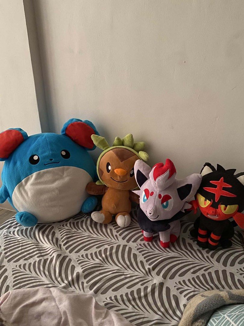 Pokemon Plushies (Category: Plushies & Soft Toys) located in Quezon City. Submitted by jujoeki (Listing ID 1444120473, Image 1). Description: Rehoming my Pokemon Plushies! Selling them for 400 each (Marill, Chespin, Zorua) - Litten and Hisuian Zorua not included for sale! - If take all, 1000 - No paper tags - No rush shipping .