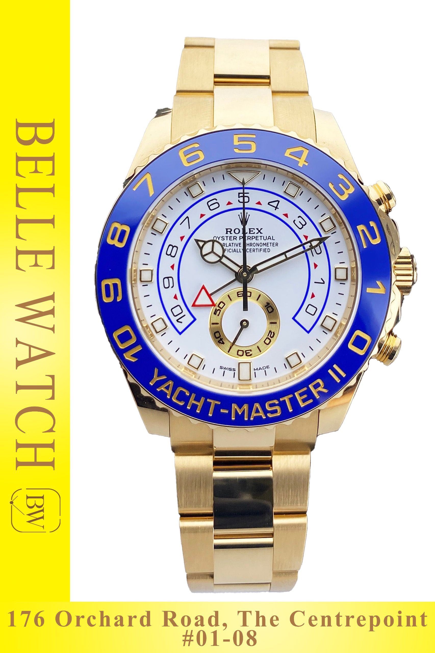 Preowned 2022 Rolex 116688 Yacht Master II White Dial Full Yellow Gold Oyster Bracelet (Category: Watches) located in Singapore. Submitted by bellewatchsg (Listing ID 1444151541, Image 1). Description: Preowned 2022 Rolex 116688 Yacht Master II White Dial Full Yellow Gold Oyster Bracelet ** Shop Based ** **Mint Condition, Like New** Case Size : 44MM Dated: November 2022 (Factory Agent Warranty until November 2027) Dial: White Bracelet Material: Y