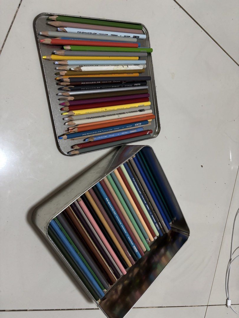 Prismacolor Premier 132pcs (Category: Craft Supplies & Tools) located in Manila. Submitted by alyszhn (Listing ID 1444282317, Image 2). Description: Prismacolor Premier 132pcs Used during 1st - 2nd year of college Issues: - No more plastic dividers - The container is a bit rusty - 129pcs / 132 pcs - 35 - 50 pencils used RFS: Decluttering, has no use anymore Negotiable Location: Pasig via Lalamove or other delivery apps, buyer will shoulder the de