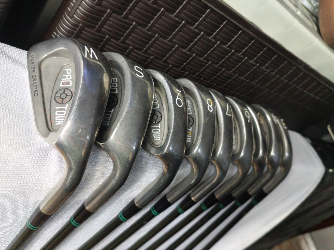 Pro Tour Master Crafted Golf Iron Set (Category: Golf) located in Manila. Submitted by meiyeon2 (Listing ID 1444159884, Image 1). Description: - Pro Tour Master Crafted Golf Irons Set - Includes: M, S, 9, 8, 7, 6, 5, 4, 3 irons - Great for game improvement - Shafts feature green accents - Ready for the golf course affordable price for those who want to practice for golf.. R Flex.. right handed club .