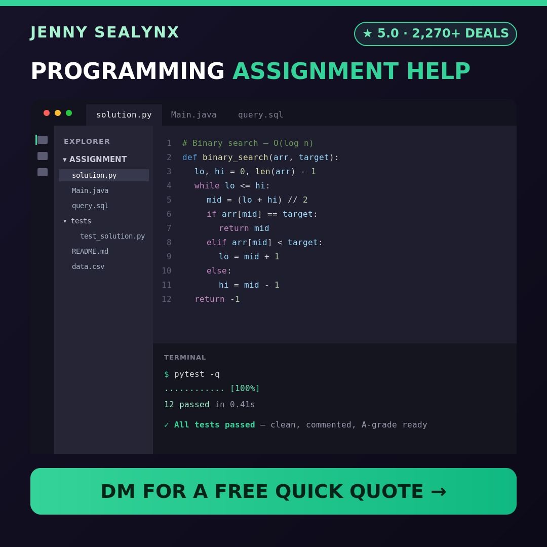 Programming Assignment Help Singapore | Python, Java, C++, C, SQL, R, JavaScript, MATLAB | Coding Homework, Debugging, Data Structures & Algorithms, FYP & Capstone | NUS NTU SMU SUSS SIM Poly (Category: IT & Programming) located in Singapore. Submitted by sealynx (Listing ID 1444133830, Image 1). Description: Programming & Coding Help (Singapore) - clear, working, well-commented code, explained so you actually understand it. 5.0 rating from 2,270