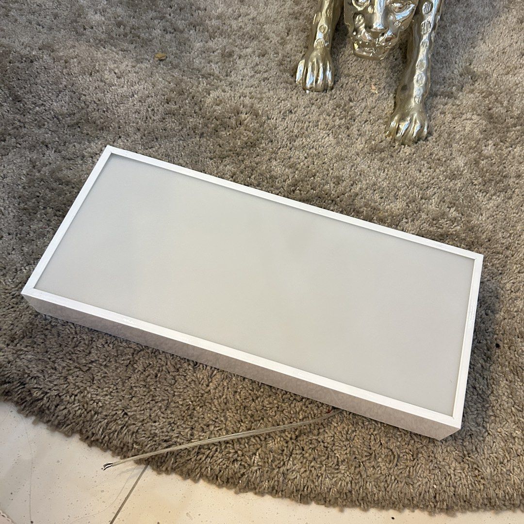 Rectangular LED Ceiling Light (Category: Lighting) located in Singapore. Submitted by stickyboy (Listing ID 1444128844, Image 1). Description: Surface Mounted Ceiling Light Available in white or black frame White colour light (6000k) Size: 20cm x 45cm x 5.5cm Buy 3 for $10 Self collect at 417807 .