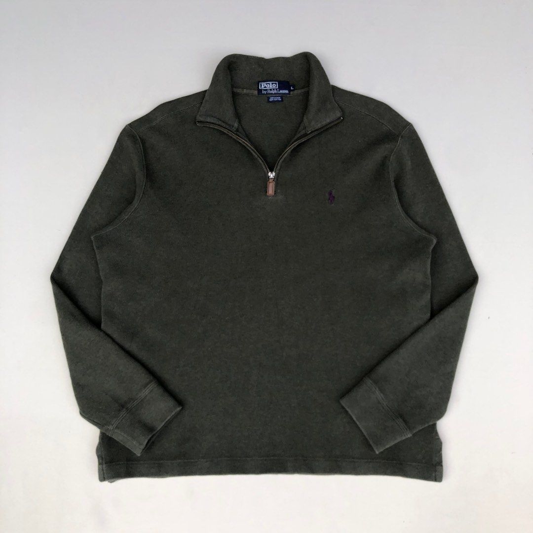 RL Quarter Zip Sweater | Silver Tag | Leather Puller | Japan Release | (Category: Coats, Jackets and Outerwear) located in Leyte. Submitted by liamsapparel (Listing ID 1444127163, Image 2). Description: RL Quarter Zip Sweater | Silver Tag | Leather Puller | Japan Release | Color: Olive Green Size on Tag: Large Width: 24.5 (Pit to Pit) Length: 26.5 Best Fit: L to XL Condition: Good As New Color Rate: 10/10 Issue: NONE.