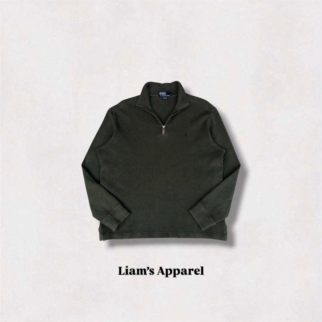 RL Quarter Zip Sweater | Silver Tag | Leather Puller | Japan Release | (Category: Coats, Jackets and Outerwear) located in Leyte. Submitted by liamsapparel (Listing ID 1444127163, Image 1). Description: RL Quarter Zip Sweater | Silver Tag | Leather Puller | Japan Release | Color: Olive Green Size on Tag: Large Width: 24.5 (Pit to Pit) Length: 26.5 Best Fit: L to XL Condition: Good As New Color Rate: 10/10 Issue: NONE.