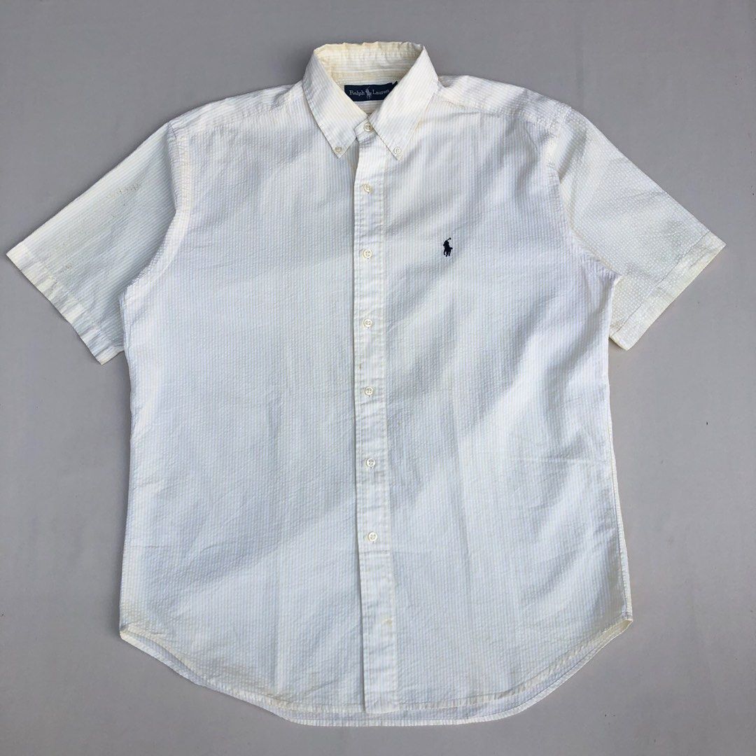 RL Stripes Button down Short sleeve | Silver Tag | Black Pony (Category: Formal Shirts) located in Leyte. Submitted by liamsapparel (Listing ID 1444130881, Image 2). Description: RL Stripes Button down Short sleeve | Silver Tag | Black Pony Color: Yellow/White Size on Tag: Medium Width: 25 (Pit to Pit) Length: 30.5 Best Fit: X-Large Condition: Good Color Rate: 9/10 Issue: Stain .