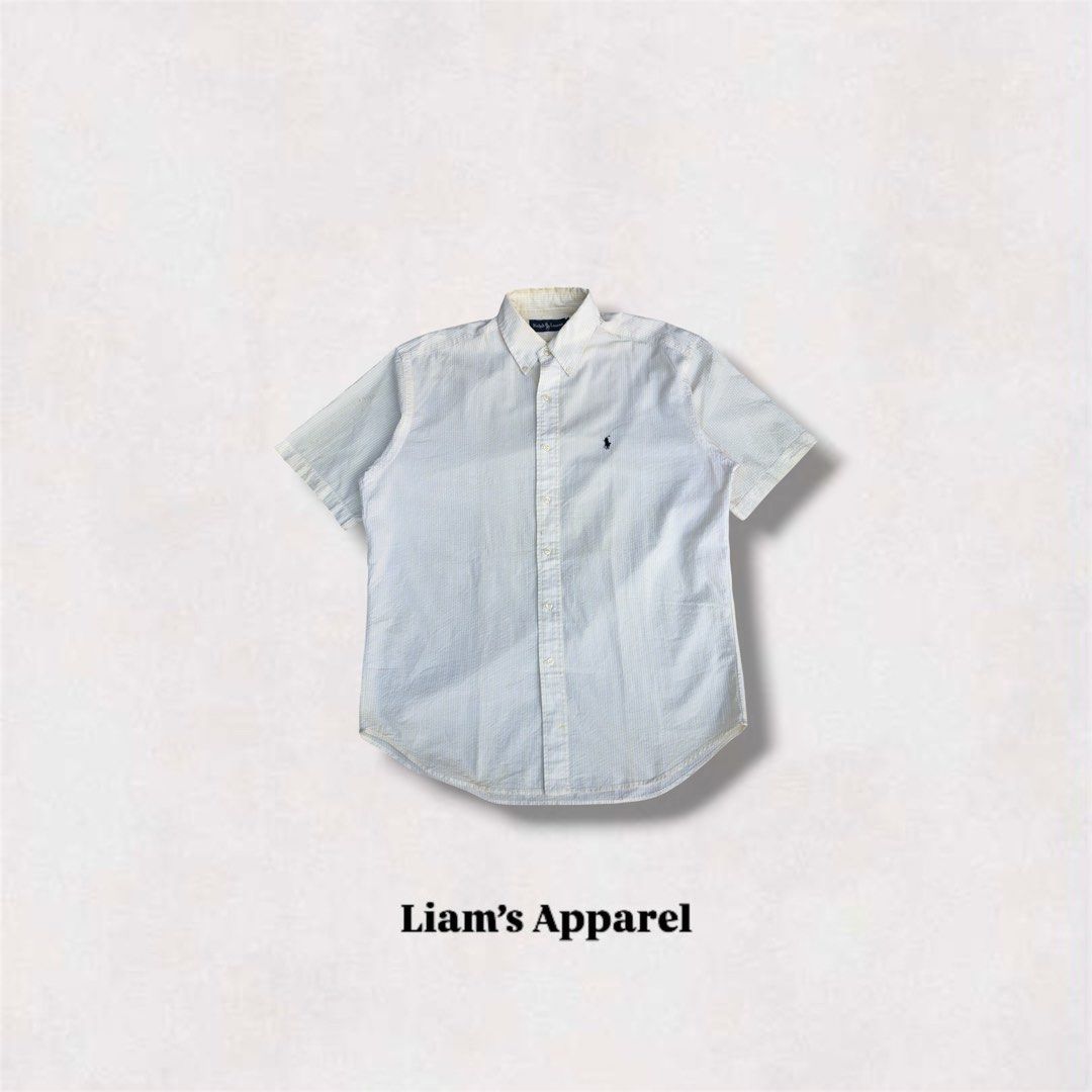 RL Stripes Button down Short sleeve | Silver Tag | Black Pony (Category: Formal Shirts) located in Leyte. Submitted by liamsapparel (Listing ID 1444130881, Image 1). Description: RL Stripes Button down Short sleeve | Silver Tag | Black Pony Color: Yellow/White Size on Tag: Medium Width: 25 (Pit to Pit) Length: 30.5 Best Fit: X-Large Condition: Good Color Rate: 9/10 Issue: Stain .
