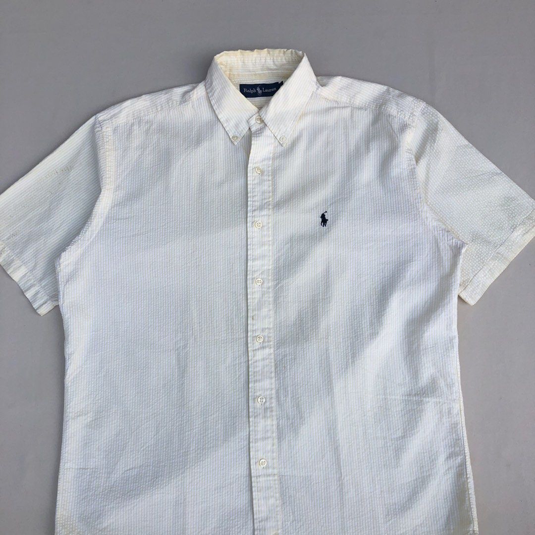 RL Stripes Button down Short sleeve | Silver Tag | Black Pony (Category: Formal Shirts) located in Leyte. Submitted by liamsapparel (Listing ID 1444130881, Image 3). Description: RL Stripes Button down Short sleeve | Silver Tag | Black Pony Color: Yellow/White Size on Tag: Medium Width: 25 (Pit to Pit) Length: 30.5 Best Fit: X-Large Condition: Good Color Rate: 9/10 Issue: Stain .