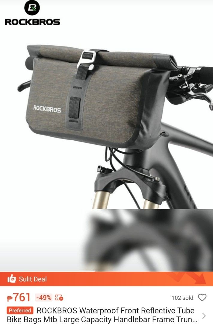 ROCKBROS Waterproof Front Reflective Bike Handlebar Bag (Category: Bicycles) located in Pasig City. Submitted by JRisEn (Listing ID 1444258964, Image 1). Description: - ROCKBROS Waterproof Handlebar Bag - Large capacity, ideal for MTB - Roll-top closure for dry gear - Easy handlebar attachment - Reflective details for enhanced safety - Perfect for longer rides and easy access to essentials.