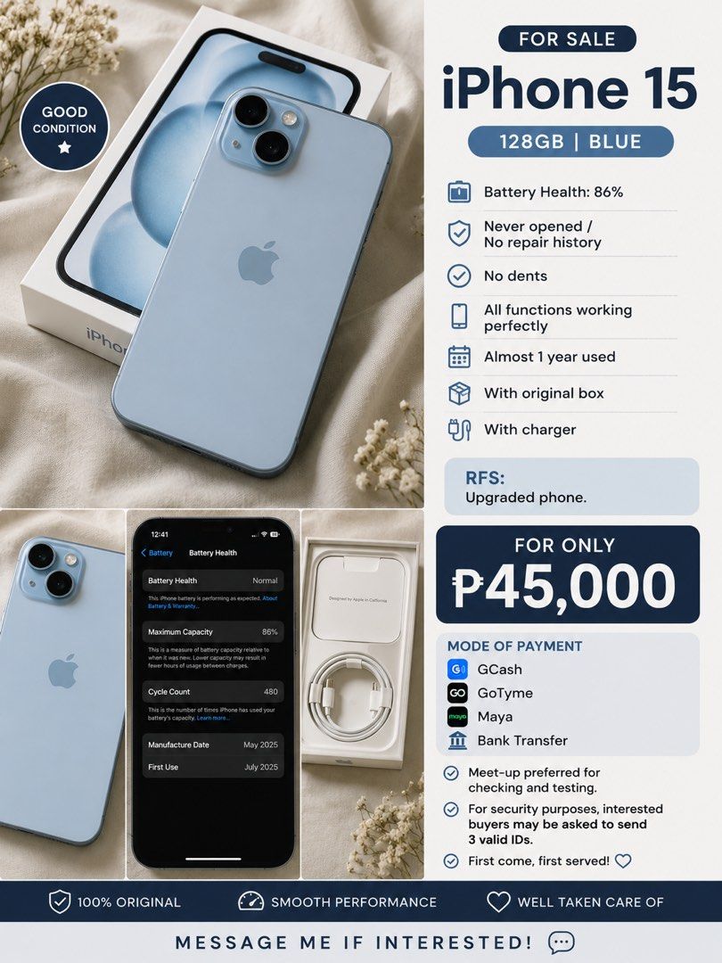 RUSH FOR SALE IP15!! (Category: iPhone 15 Series) located in Manila. Submitted by shopwithyaz_ (Listing ID 1444282879, Image 1). Description: ✨ Still in Good Condition ✅ No dents ✅ Never opened / no repair history ✅ Almost 1 year used 📦 With original box 🔌 With charger 💰 FOR ONLY ₱45,000 💳 Mode of Payment: • GCash • GoTyme • Maya • Bank Transfer 📍 Meet-up preferred for checking and testing. 📌 For security purposes, interested buyers may be 
