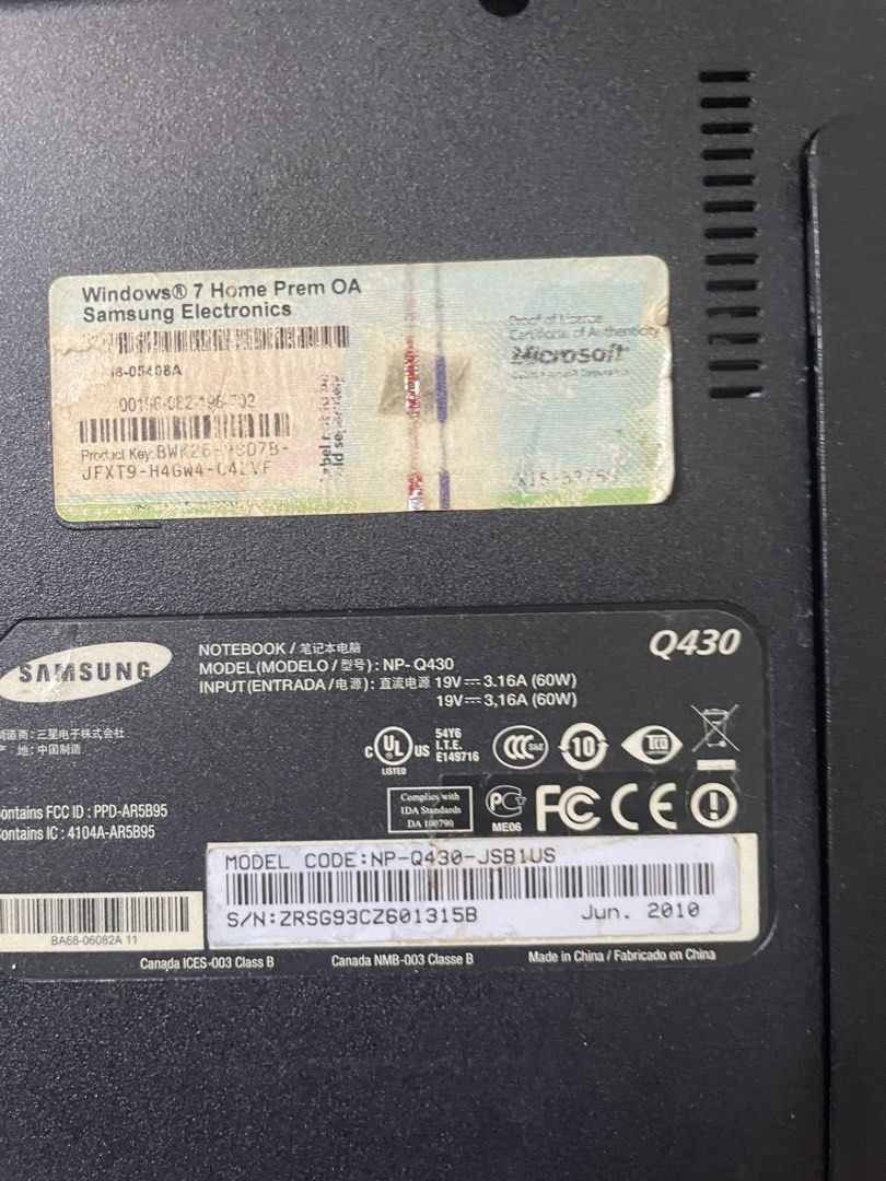 Samsung NP-Q430 Laptop (Category: Laptops & Notebooks) located in Arayat. Submitted by mauikabigting (Listing ID 1444131145, Image 3). Description: - Samsung NP-Q430 Laptop - 14-inch Display - Runs on Windows 7 Home Premium (Original License Sticker Included) - Intel Core Processor - NVIDIA Graphics - Selling As Is - from korea - still working but should be plugged to work - audio issue (zoom mic do not work).