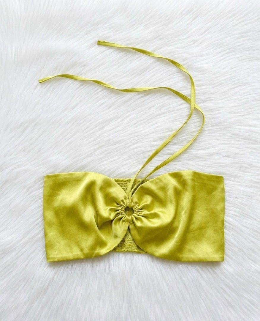 Satin Lime Green Bandeau Halter Top (Category: Bikinis & Swimsuits) located in Manila. Submitted by buyretreasurehubnow (Listing ID 1444163663, Image 1). Description: Medium SOLD Two sizes (Small & Medium) available Color: Lime Green / Chartreuse Style: Bandeau Tube Top Satin fabric with luxurious sheen Gathered front ring detail Adjustable halter tie straps Smocked back for a comfortable and flexible fit Lightweight and flattering silhouette.