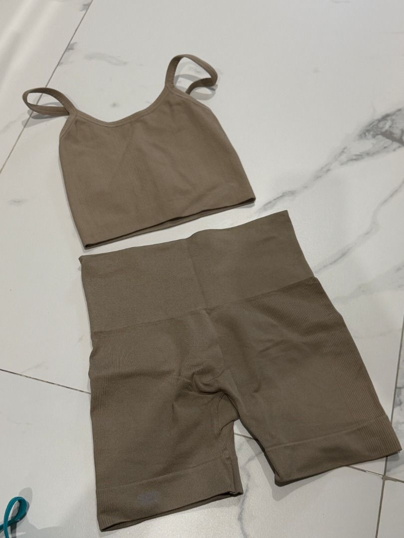 SET ACTIVE Ribbed Crop Top and Biker Shorts Set (Category: Activewear) located in Mandaluyong City. Submitted by kayechx (Listing ID 1444132696, Image 1). Description: - Comfy ribbed activewear set - Includes spaghetti strap crop top and high-waisted biker shorts - Seamless design for a smooth fit - Neutral taupe color - Stretchy material - Perfect for workouts or lounging - SELLING AS SET ONLY - bought on set active website for 150usd can give 1