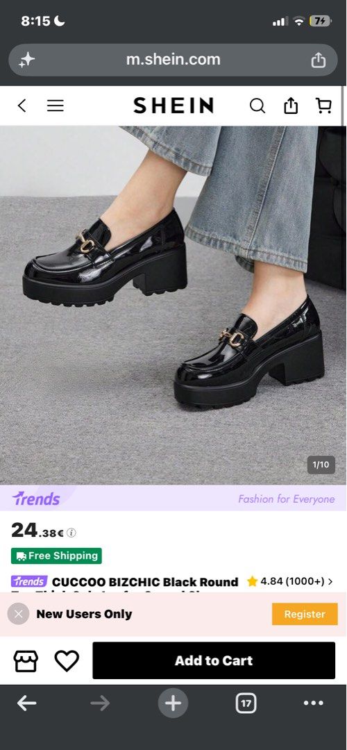SHEIN Black Patent Chunky Platform Loafers (Category: Loafers) located in Manila. Submitted by swiftfish-afc9a7 (Listing ID 1444112897, Image 1). Description: - Black patent loafers - Chunky platform and heel - Gold buckle detail on the front - 'CUCOO' branded soles - Size 39 - Versatile for dressing up or down.