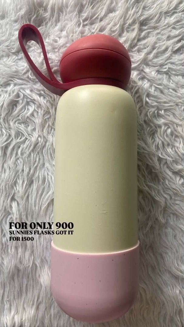 Sunnies Flasks Water Bottle - Light Yellow, Red, Pink (Category: Water Bottles & Tumblers) located in Caloocan City. Submitted by jungkooklovebananamilk_0067 (Listing ID 1444153361, Image 1). Description: - Sunnies Flasks water bottle - Color: Light yellow body with a red cap and pink base - Features a handy loop on the cap - Original Price: PHP 1500 - Selling Price: PHP 900 - Ideal for staying hydrated anywhere.