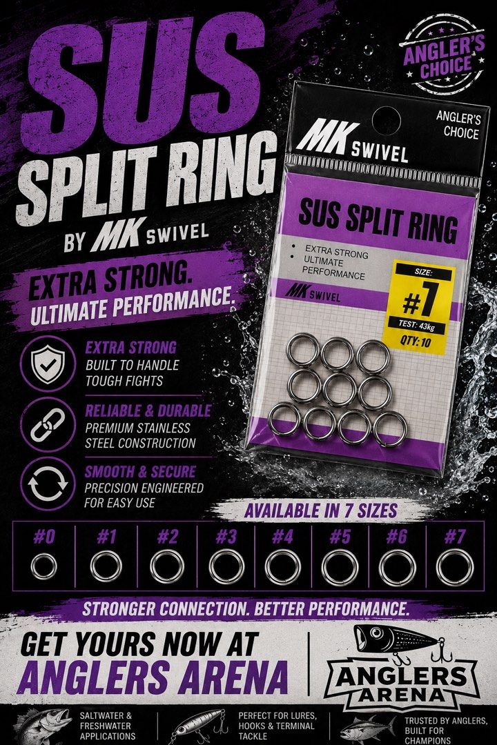 SUS Split Ring (Category: Fishing) located in Singapore. Submitted by anglersarena011532 (Listing ID 1444116029, Image 1). Description: SUS Split Rings by MK Swivel 💪🎣 Built for strength, designed for performance. Premium stainless steel construction delivers reliable connections for lures, hooks, and terminal tackle. Available in sizes “0 to 7” to suit every fishing setup. 📍 Get yours now at Anglers Arena .