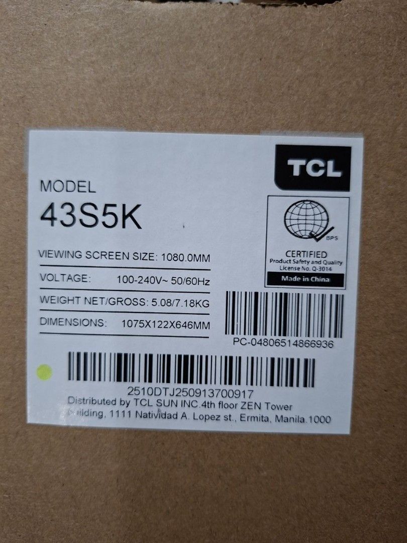 TCL 43S5K Television (Category: TV) located in Manila. Submitted by fromourshelves (Listing ID 1444189247, Image 1). Description: - TCL 43S5K Smart TV - 43-inch Full HD (1080p) display - includes remote and tabletop stand/mount - Brand new/unused - rfs: gifted but already have another.