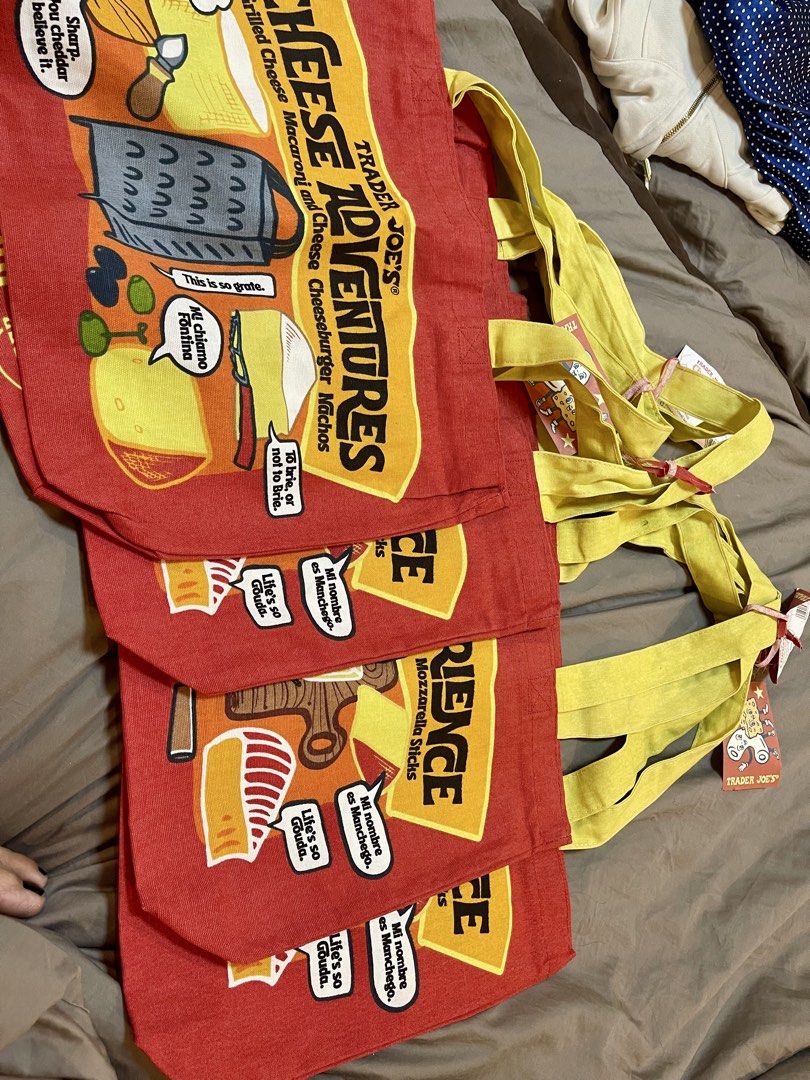 Trader Joes Cheese Adventure Tote (Category: Tote Bags) located in Manila. Submitted by all_authenthic (Listing ID 1444165059, Image 1). Description: 💯Authentic Trader Joes Tote bag Brand New original from the USA 5 pcs left.