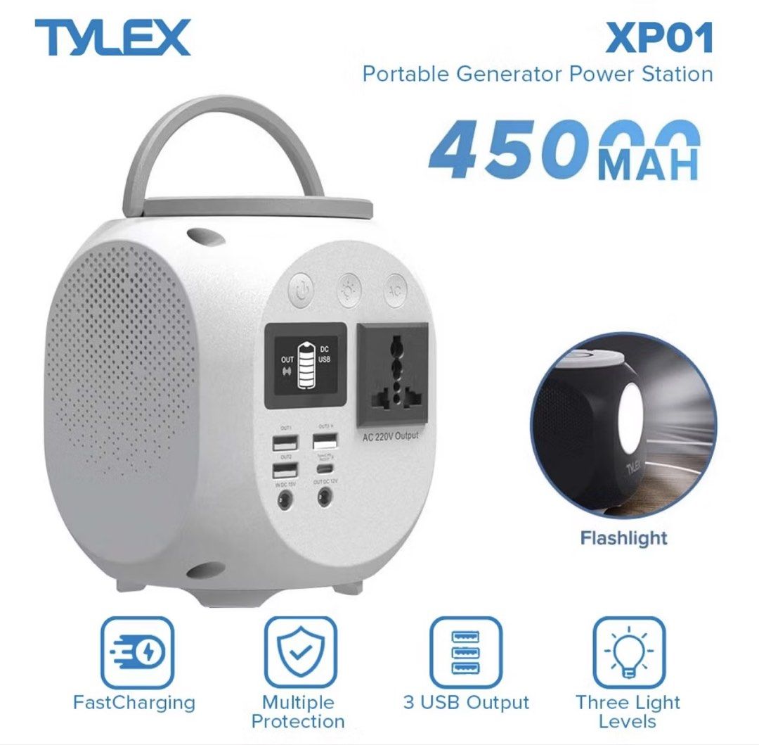 Tylex XP01 (Category: Batteries & Power Banks) located in Quezon City. Submitted by helloipanda (Listing ID 1444149849, Image 1). Description: Key Specifications * Battery Capacity: 45,000mAh (133.2Wh) lithium battery * AC Output: 220V, up to 150W * USB-C Power Delivery: Up to 45W–60W PD (depending on version) * USB Outputs: 3 USB ports * DC Output: 12V/5A * Emergency Light: 3 brightness levels + SOS mode * LED Display: Shows battery status * Saf