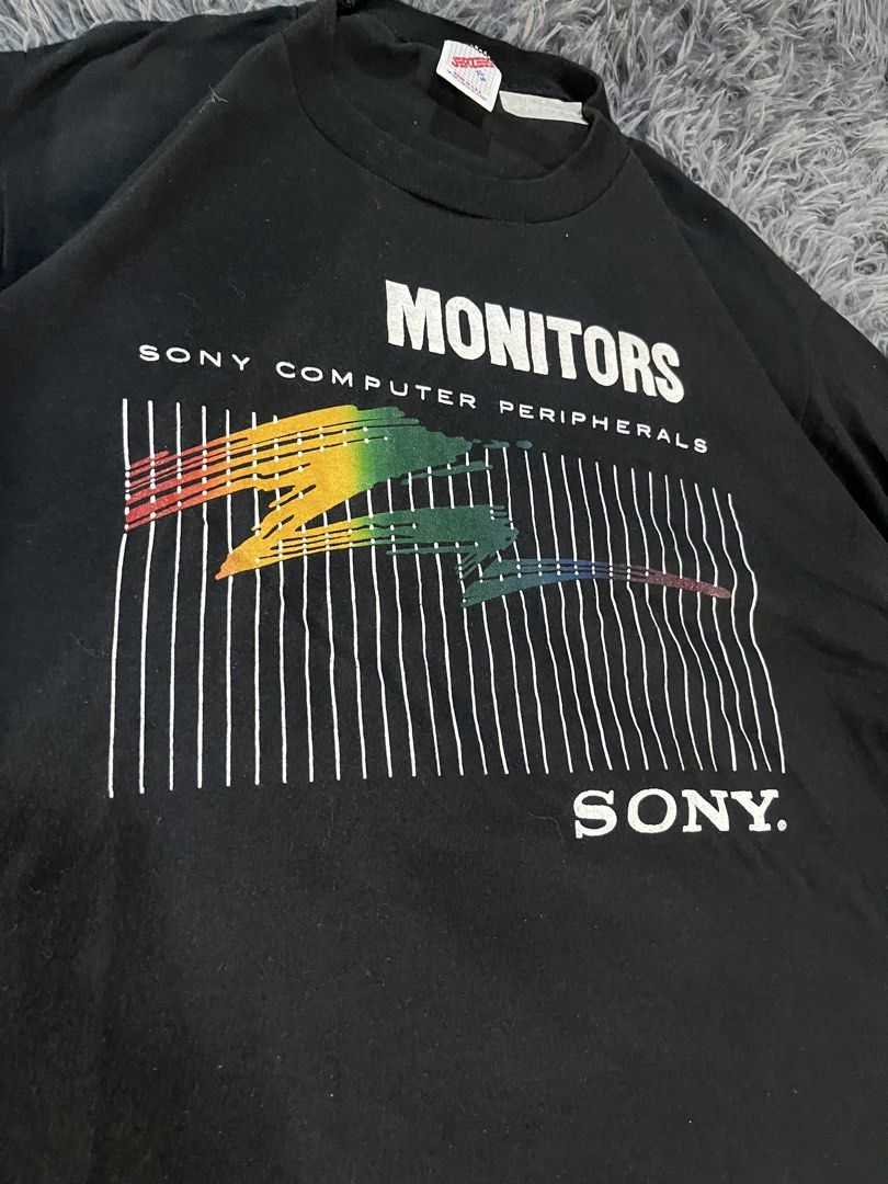Vintage Sony Computer Peripherals Monitors T-Shirt (Category: Tshirts & Polo Shirts ) located in Caloocan City. Submitted by leo.noelalonzo (Listing ID 1444242145, Image 2). Description: - Vintage black t-shirt - Features retro Sony Computer Peripherals graphic - 'MONITORS' and 'SONY' branding - Made by Jerzees - Size XL - Perfect for retro tech collectors and fans.