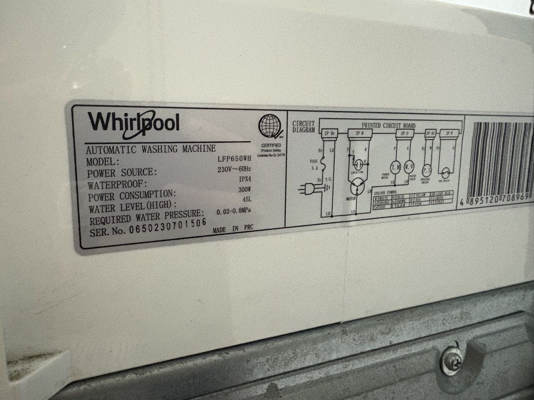 Whirlpool 6.5kg Automatic Washing Machine LFP650WH (Category: Washing Machines and Dryers) located in Pasay City. Submitted by clocloeli (Listing ID 1444214251, Image 2). Description: - Whirlpool Automatic Top-Load Washing Machine - Capacity: 6.5kg - Model: LFP650WH - Condition: Works well - Ideal for: Small to medium households - Features: Easy-to-use controls - Includes: Inlet and drain hoses RFS: Moving Pick up near Pasay Sports Complex FB Har
