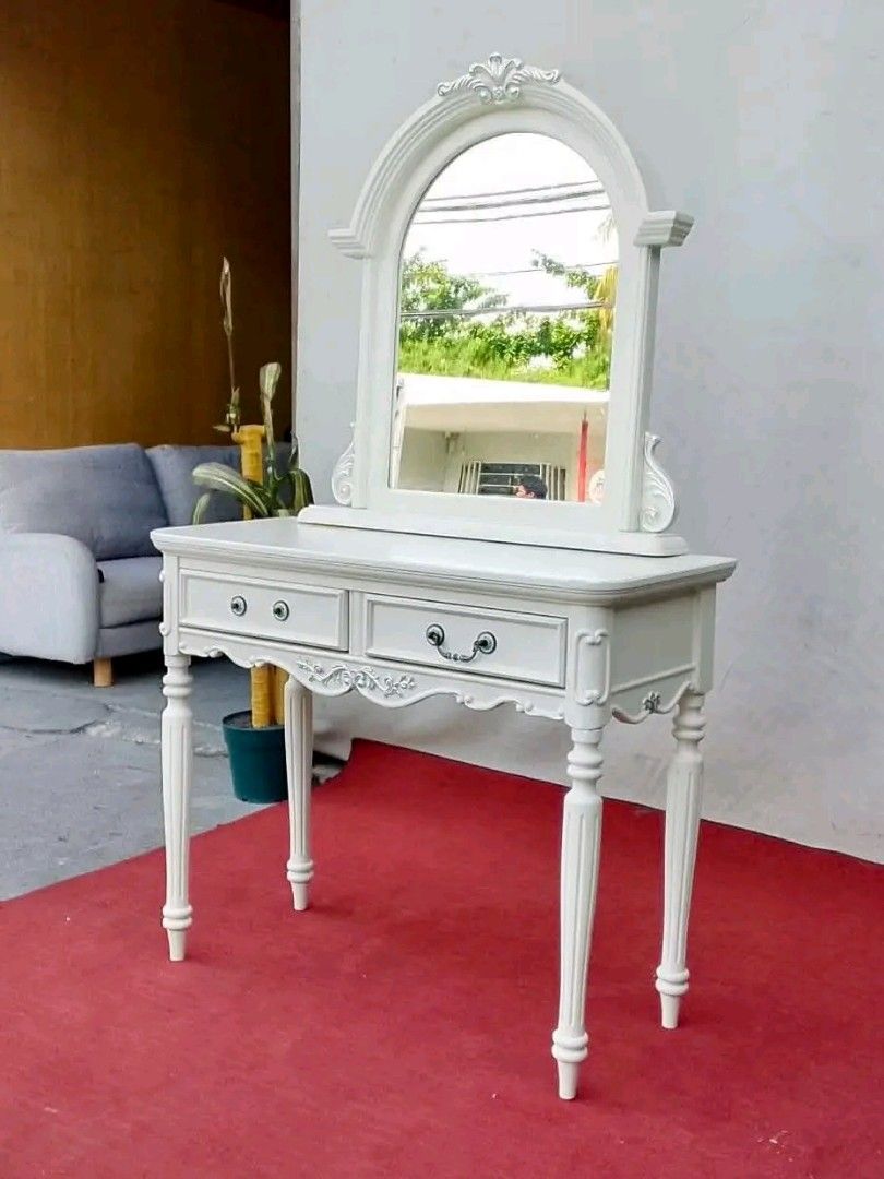 White Dressing Table with Mirror and Drawers (Category: Tables & Sets) located in Manila. Submitted by eloizavill76462 (Listing ID 1444130562, Image 2). Description: White Victorian Style Dresser 38”L x 16”W x 63”H.