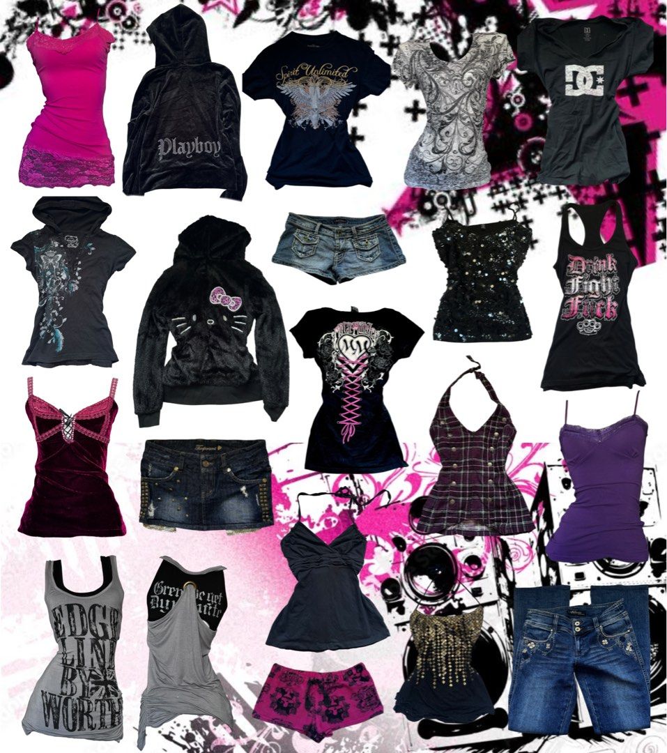 Y2k early 2000s mcbling alt alternative gothic dark coquette grunge punk streetwear tops bottoms pants shorts - playboy juicy couture victorias secret, baby phat, metal mulisha socal vintage skull wing guess bcbg sanrio tripp nyc (Category: Shirts) located in Manila. Submitted by sowya (Listing ID 1444184497, Image 1). Description: Hi everyone! Pinkgin.ph insta got suspended so i was not able to upload my recent drop Currently waiting for meta to