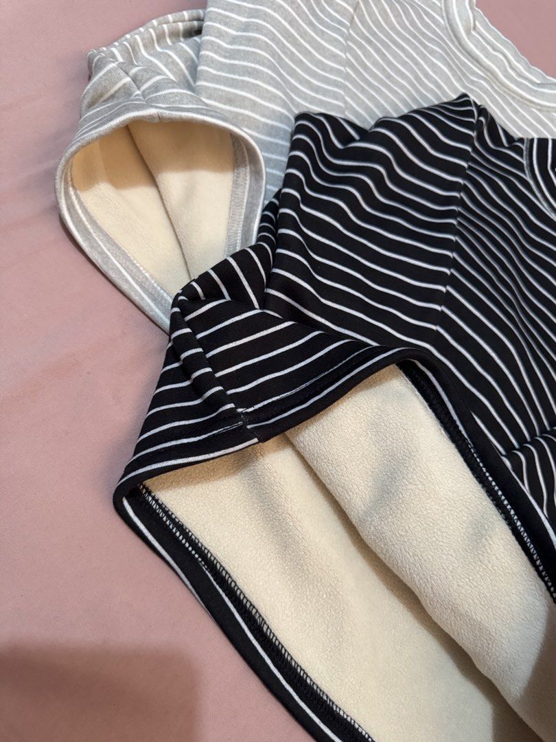 2 Striped Long Sleeve Tops - Black & Grey Size 120 (Category: Babies & Kids Fashion) located in Muntinlupa City. Submitted by thechicknit (Listing ID 1444373102, Image 3). Description: - Two long sleeve tops: 1 black with white stripes, 1 grey with white stripes. - Size 120 - Features a stylish mock neck. - Lined with soft, fuzzy material for ultimate warmth and coziness. - Ideal for cooler weather. - Comfortable and relaxed fit..
