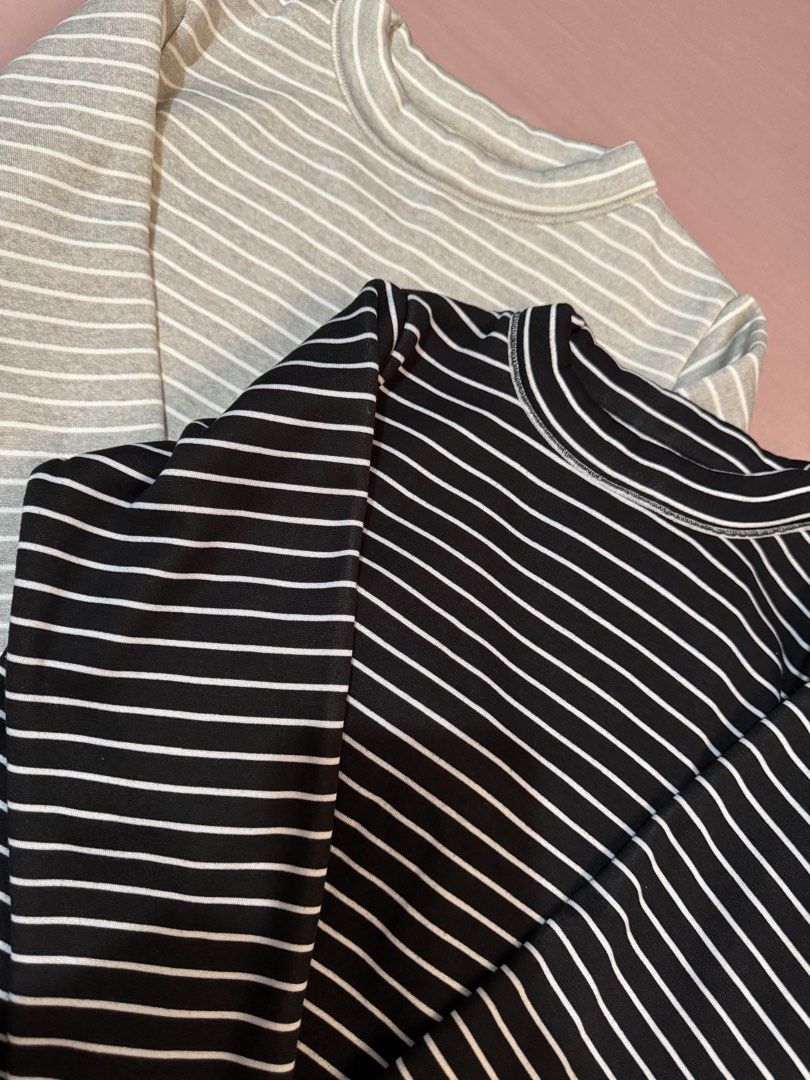 2 Striped Long Sleeve Tops - Black & Grey Size 120 (Category: Babies & Kids Fashion) located in Muntinlupa City. Submitted by thechicknit (Listing ID 1444373102, Image 2). Description: - Two long sleeve tops: 1 black with white stripes, 1 grey with white stripes. - Size 120 - Features a stylish mock neck. - Lined with soft, fuzzy material for ultimate warmth and coziness. - Ideal for cooler weather. - Comfortable and relaxed fit..
