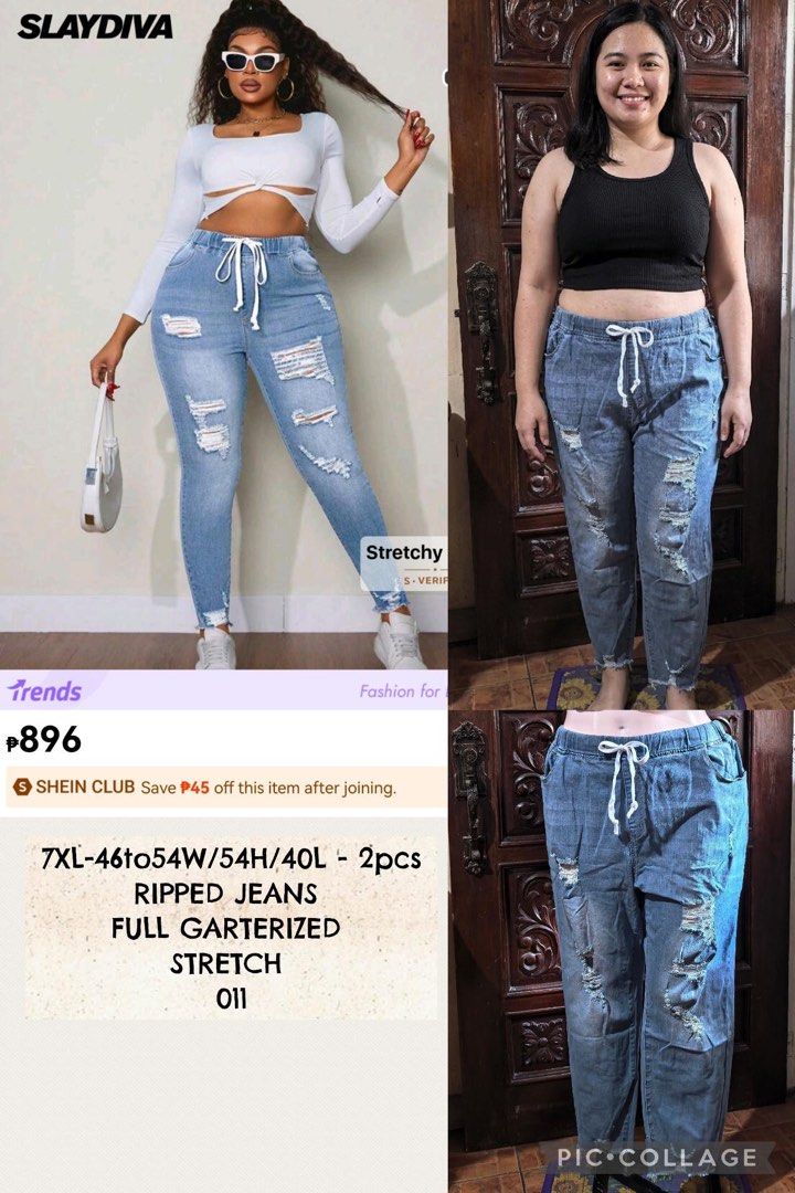 7xl SLAYDIVA Ripped Jeans Full Garterized Stretch (Category: Jeans) located in Marikina City. Submitted by dapple (Listing ID 1444419096, Image 1). Description: - SLAYDIVA 2-Piece Ripped Jeans Set - Size: 7XL (Fits waist 46-54", hips 54", length 40") - Features: Full garterized waistband, stretch fabric for ultimate comfort - Style: Relaxed fit with trendy distressed details - Look: Achieve a casual yet edgy vibe.