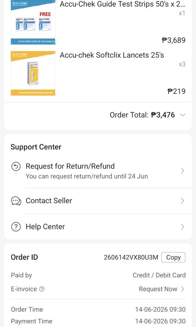 Accu-Chek Guide Test Strips 50 pcs x 3 boxes (Category: Medical Supplies & Tools) located in Quezon City. Submitted by jessatch (Listing ID 1444461317, Image 3). Description: New and Sealed Accu-Chek Guide Test Strips 🔹️50 test strips per box, 3 boxes total 🔹️Expiry Date: 2027-09-12 RFS: Ordered the wrong variant; Need the strips for Accu-chek Instant Selling for 2,500 Bought from 🍊 App at ~3,600 Ordered last June 14, 2026 .