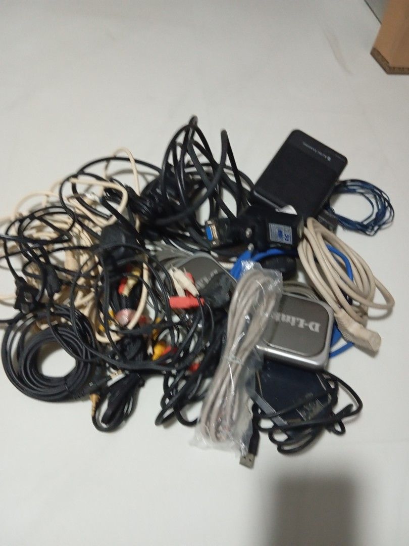 Assorted Computer Cables, Adapters, and D-Link Device484686386682941441