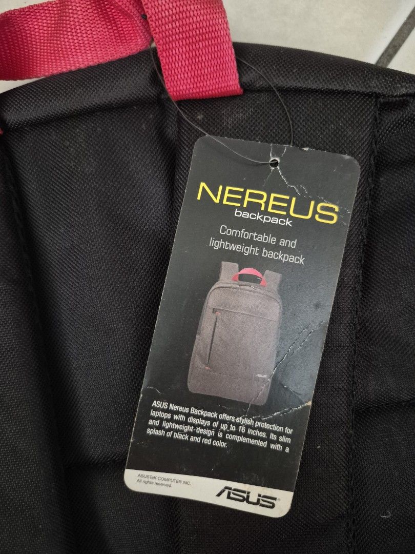 ASUS NEREUS Backpack (Category: Backpacks) located in Mandaluyong City. Submitted by _spike (Listing ID 1444352205, Image 2). Description: - ASUS Nereus Backpack in Black with Red accents - Comfortable and lightweight design - Fits laptops up to 15 inches - Perfect for daily commutes and travel Feel free to dm for more photos Payment methods: Gcash and Maya Shipping: Grab, Lalamove, and J&t (Shipping fee to be shouldered by buyer).