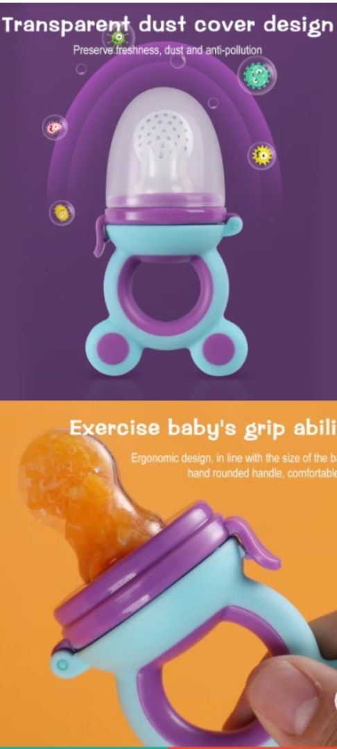 Baby Fruit Feeder Pacifier and Silicone Toothbrush Set (Category: Weaning & Toddler Feeding) located in Manila. Submitted by coolshark888 (Listing ID 1444329134, Image 2). Description: - Baby fruit feeder pacifier for safe food exploration. - Comes with soft silicone toothbrushes for gum and teeth cleaning. - Includes a transparent dust cover. - Designed for easy grip and to exercise baby's holding ability..