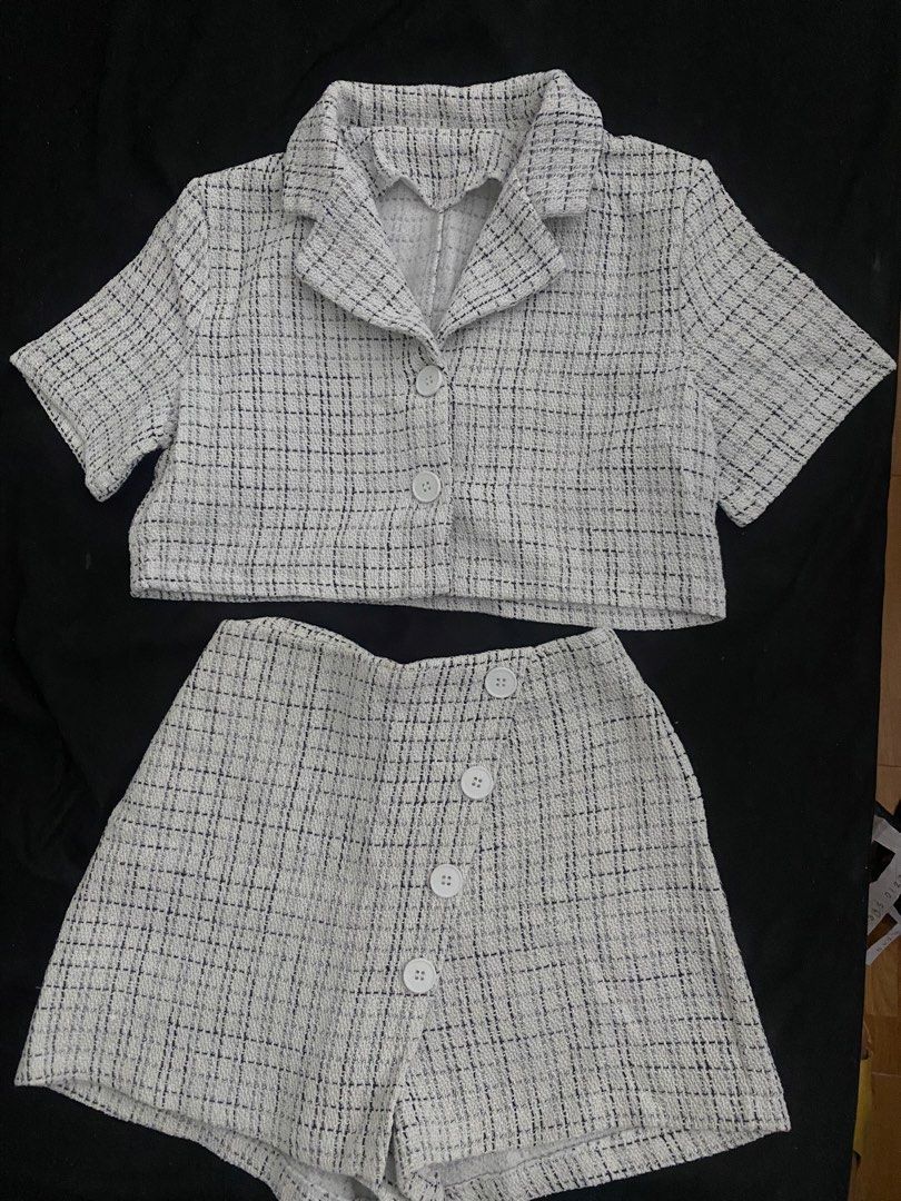 Bangkok Coords size small to medium take all only (Category: Sets or Coordinates) located in Manila. Submitted by juanabee (Listing ID 1444459816, Image 3). Description: - Cute tweed set - Includes cropped jacket and matching bottoms - Bottoms available as shorts or pants - Colors: Beige, Black, White - Perfect for a chic and versatile look - Pieces can be mixed and matched.
