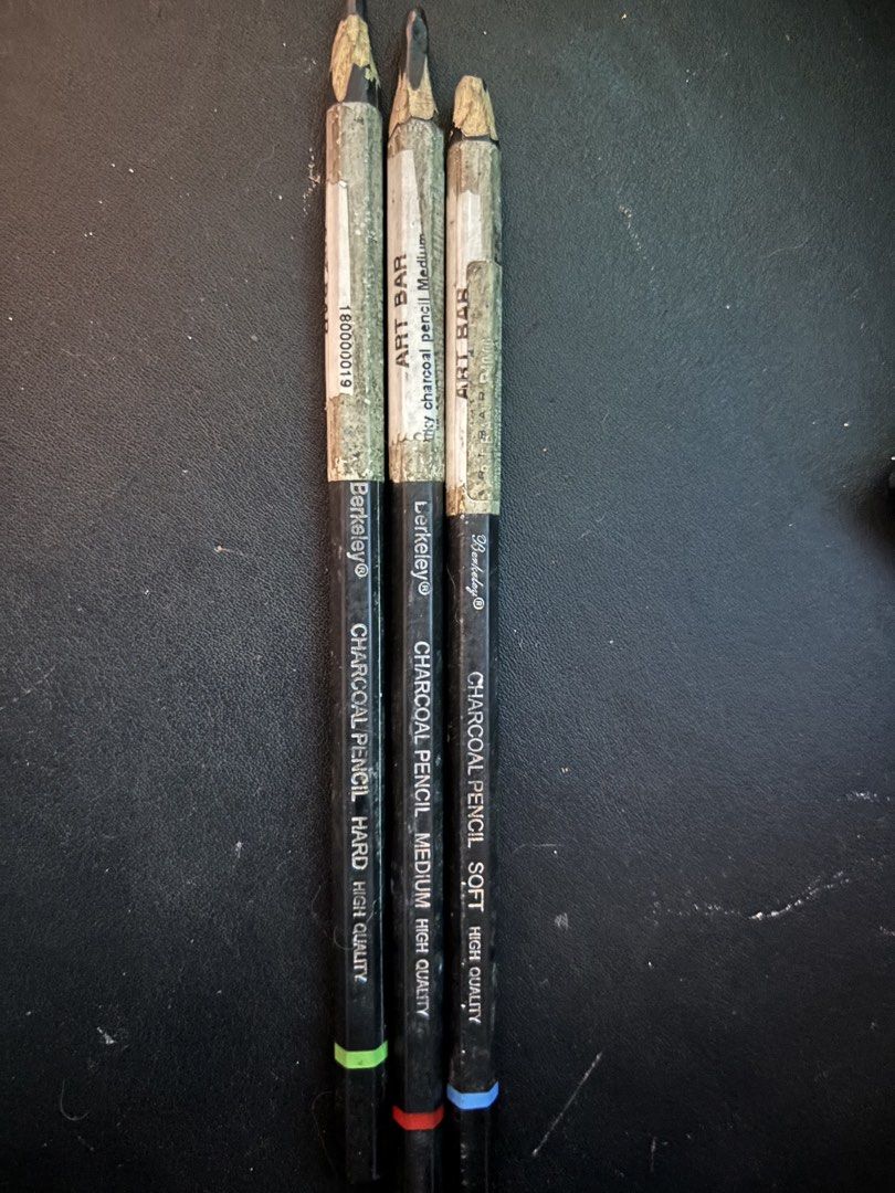 Berkeley Charcoal Pencils and Sticks Set (Category: Stationery & School Supplies) located in Pasig City. Submitted by alyszhn (Listing ID 1444320758, Image 2). Description: - Berkeley Charcoal Pencil & Stick Set - Includes 3 Charcoal Pencils: 1 Hard, 1 Medium, 1 Soft - Includes 3 Charcoal Sticks: 2 Soft, 1 Medium - Ideal for sketching and drawing - Note: Some pencils have been sharpened.