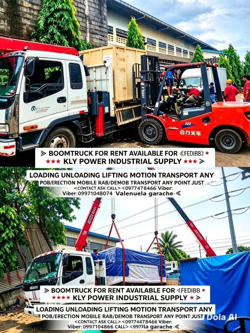 Boom truck for rent (Category: Construction Tools & Equipment) located in Caloocan City. Submitted by 9971048074 (Listing ID 1444329844, Image 2). Description: BOOMTRUCK FOR RENT AVAILABLE FOR 👇👇👇 LOADING UNLODING LIFTING POLE ERECTION MOB/DEMOB TRANSPORT ANY POINT.