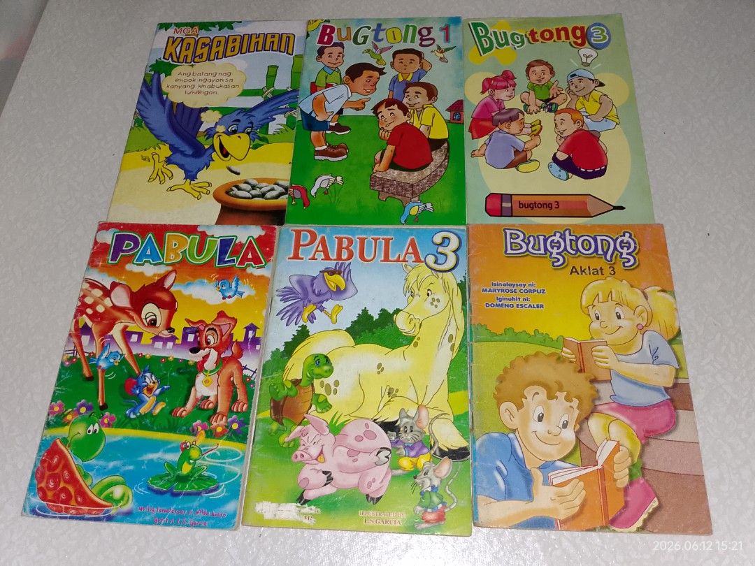 [Bundle] 7pcs Assorted Tagalog & English Children's book (Category: Children's Books) located in Angeles City. Submitted by myldyllc.declutters (Listing ID 1444495506, Image 1). Description: wysiwyg ** bundle ** Children's book > Kasabihan > 3 bugtong books > 2 pabula > fables rfs: decluttering mop: gcash mod: jnt lbc dop: payo/2days **no to sensitive buyer **pm for inquiries:>.