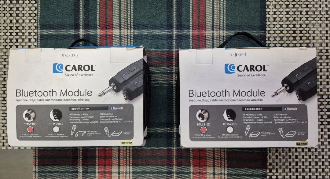 Carol BTM 200 Bluetooth Module (Category: Microphones) located in San Fernando. Submitted by jianmnss (Listing ID 1444460592, Image 3). Description: Carol BTM 200 Bluetooth Module PHP 5,000 for 1pc and PHP4,500 each for 2pcs (PHP 9,000) *RF frequency 2.4ghz *Transmission power 12dbm *RF sensitivity -85dbm *2 LED indicator *Battery low indicator *Power supply AAA battery *Operating temperature -10C to 55C *Complete with box, case, and owners manua