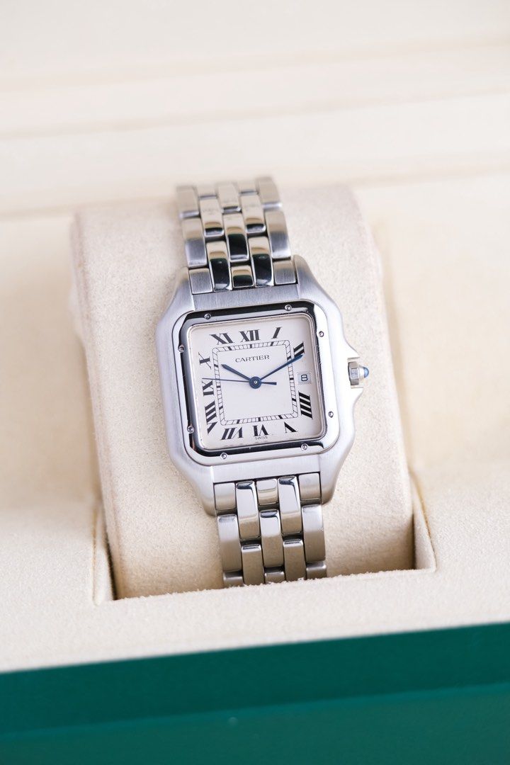 Cartier Panthere "Jumbo" LM (Category: Luxury Watches) located in Quezon City. Submitted by awristotell (Listing ID 1444418532, Image 2). Description: “New WRISTwatch to TELL” Cartier Panthere “Jumbo” LM Mint Condition Price: 298,000 PHP Ref: 1300 Year: 2000’s Movement: Quartz Crystal: Sapphire Case: 29x40mm Material: Steel Lug width: 17mm Bracelet: Cartier Steel Bracelet Includes: Presentation Box and Leather Pouch — Free Shipping Nationwide — I