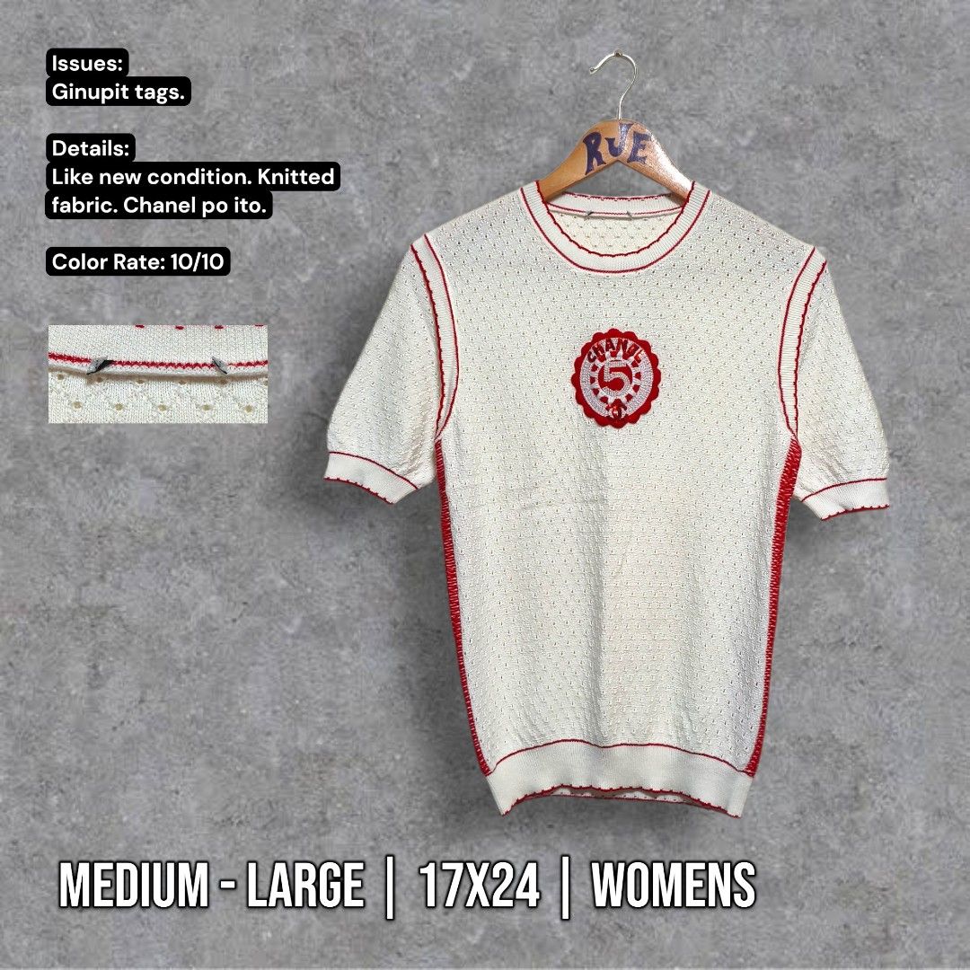 Chanel White Knitted Top with Red Trim (Category: Luxury Apparel) located in Bayambang. Submitted by rajuergui76226 (Listing ID 1444464308, Image 1). Description: White knitted top with red trim and emblem. Fits M-L. 17" W x 24" L..